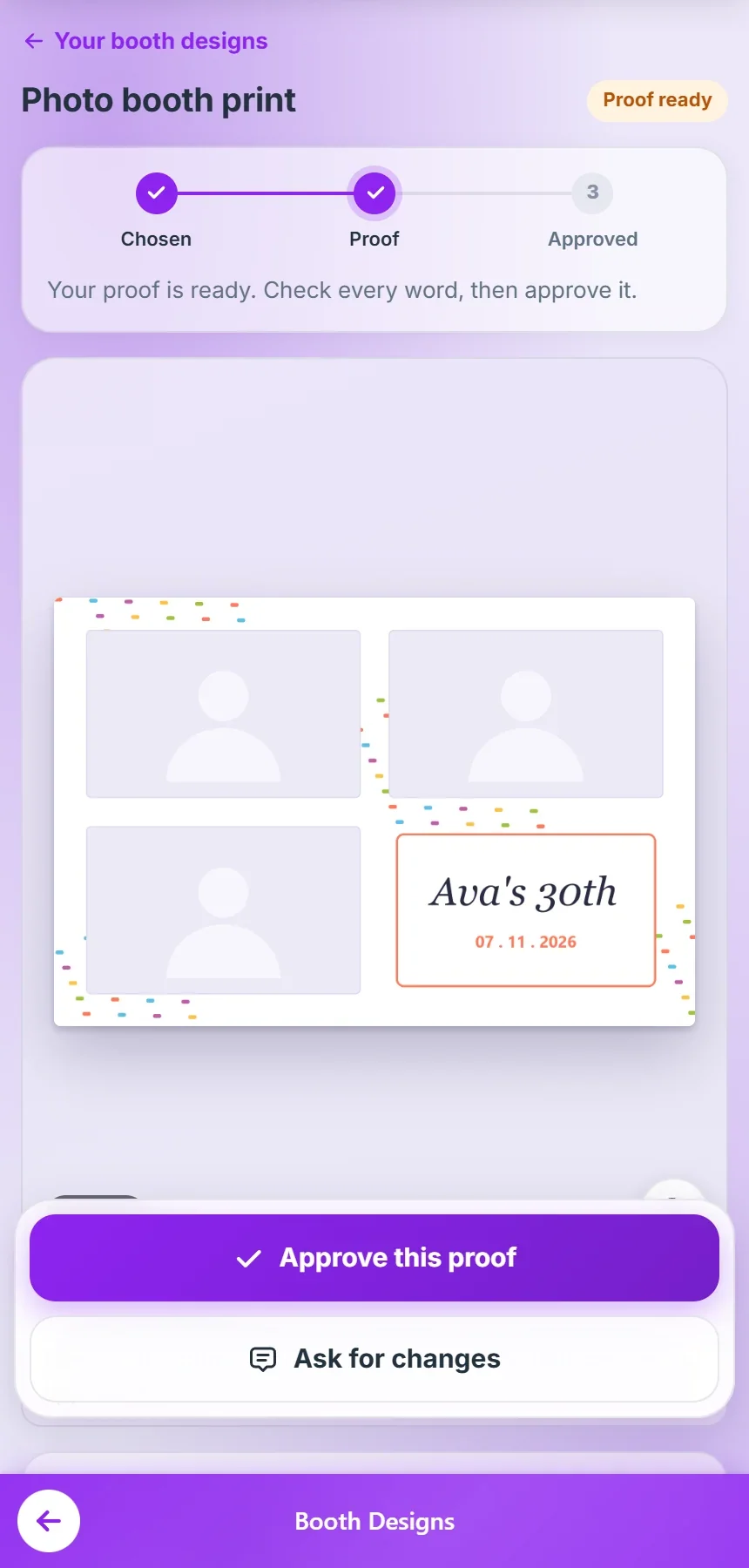A client checking a photo booth print proof in their portal, with Approve this proof and Ask for changes buttons
