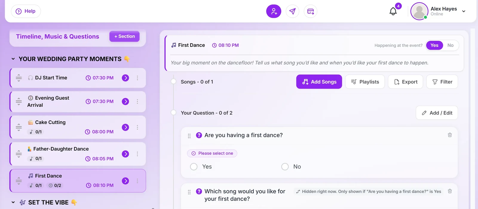 A wedding timeline in Planning Beats with the first dance section open: songs, playlists and a question that only appears if they are having one