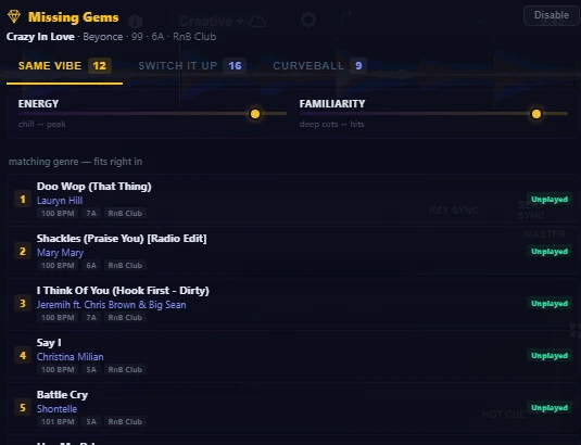 Missing Gems in On Cue suggesting unplayed tracks from the DJ library that fit the song playing