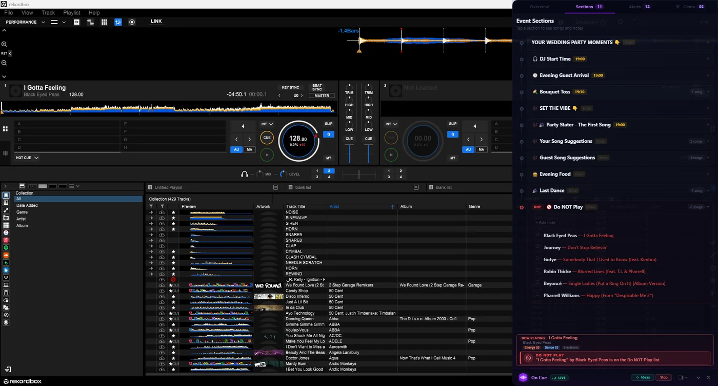On Cue over Rekordbox: the loaded track is on the Do Not Play list and On Cue warns before it goes out