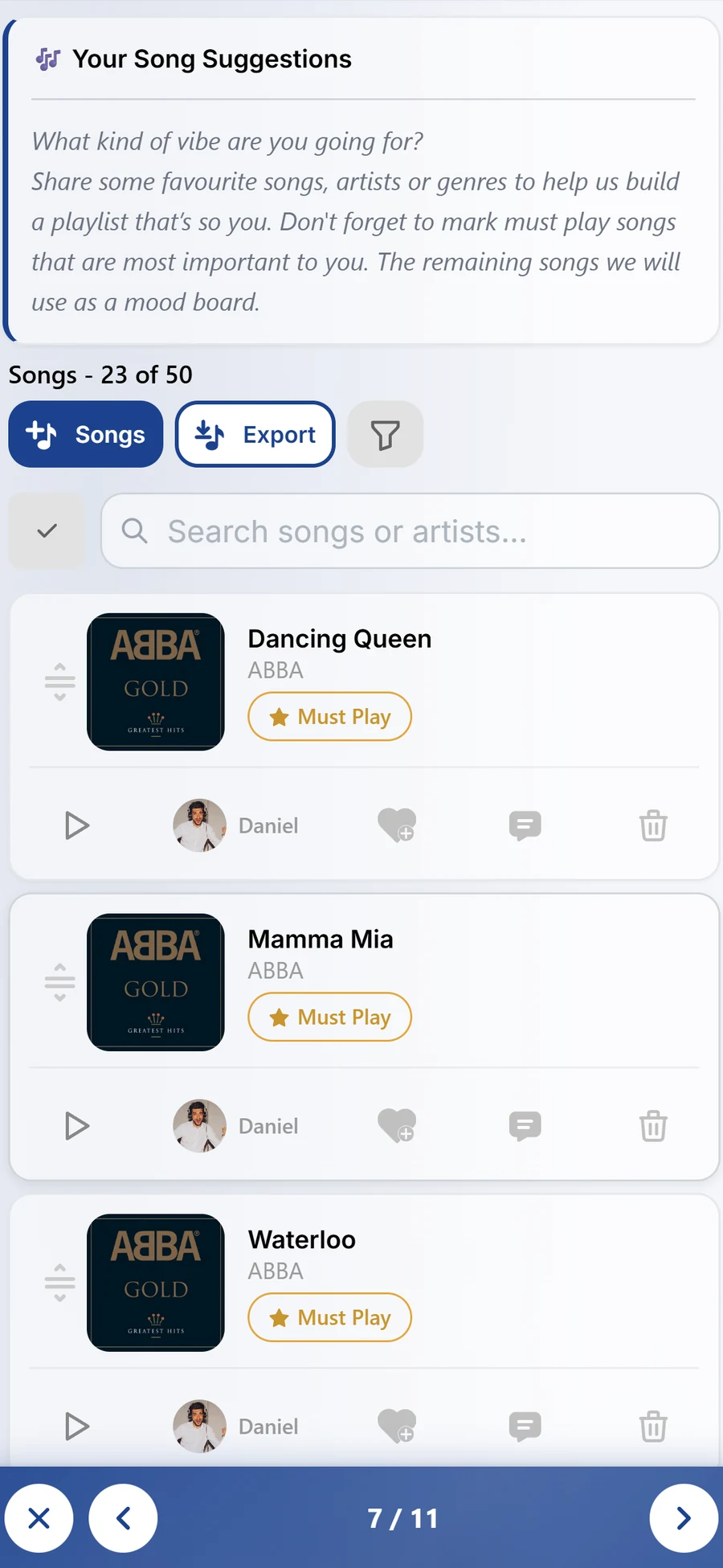 The client music planner on a phone: song suggestions marked must play